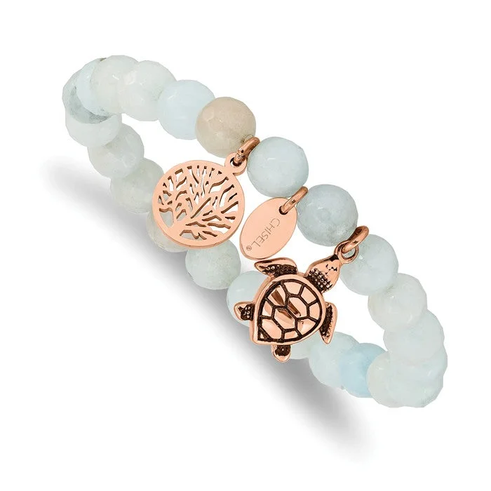 Ladies pointed triangle bracelets -Stainless Steel Rose Gold Turtle & Tree of Life Charm Grey Jade Stretch Bracelet