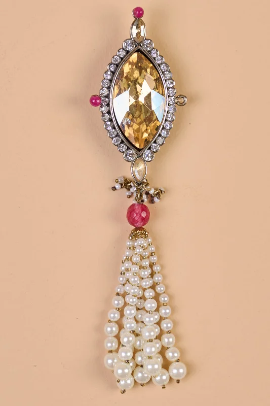 silver wave brooch for women -Maroon Crystal With Pearl Latkan Brooch