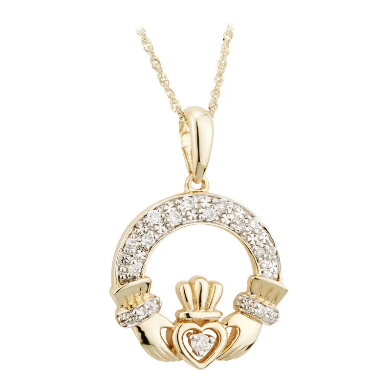 Ladies native tribal necklaces -14K Gold Diamond Irish Claddagh Necklace