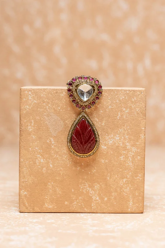 ladies rose gold brooch hearts -Crystal Brooch With Maroon Jaipuri Bead Drop