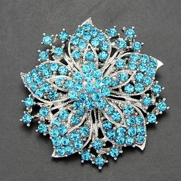 ladies silver brooch amber stones -Rhinestone Flower Brooch Turquoise Red Gold or Silver BR-772