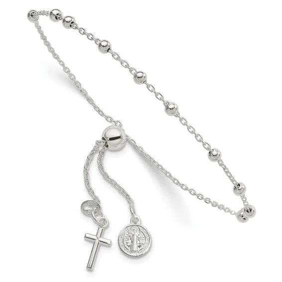 Ladies glint charm bracelets -Sterling Silver Adjustable St. Benedict Rosary Bolo Bracelet