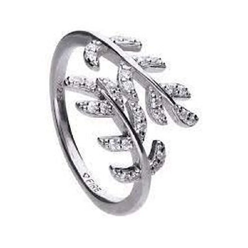 layered band rings for women -Silver Cubic Zirconia Set Leaf Crossover Ring, size K