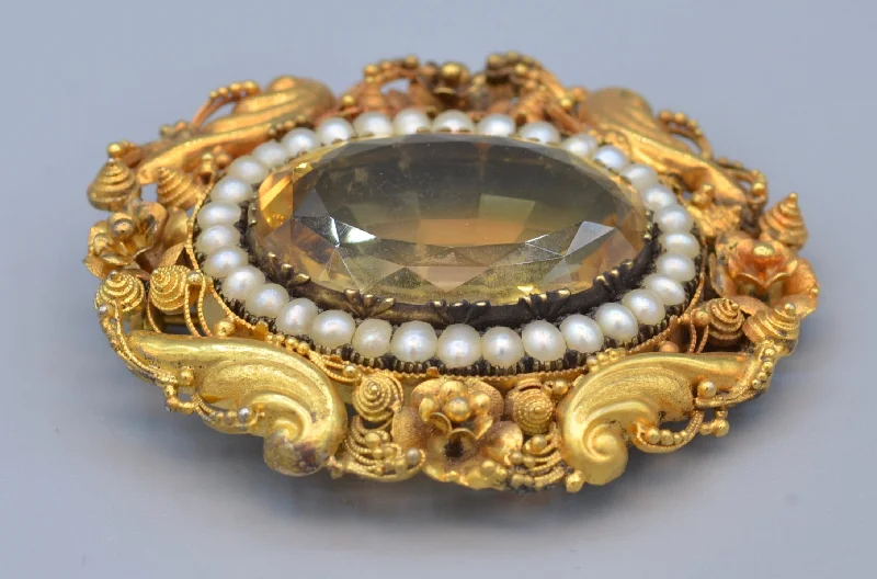 oxidized silver brooch for women -18K yellow gold Victorian brooch, center Citrine framed with natural river pearls