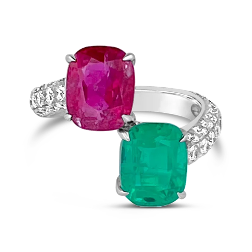 silver heart rings for women -Emerald, Ruby & Diamond Bypass Ring