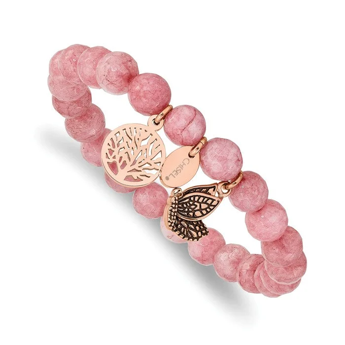 Ladies refined shine bracelets -Stainless Steel Rose Gold Butterfly & Tree of Life Charm Pink Jade Stretch Bracelet