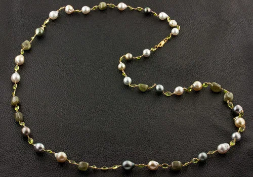 Ladies vibrant bead necklaces -Pearl, Emerald & Peridot Necklace