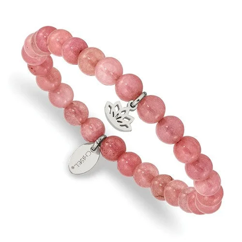 Ladies chunky shine bracelets -Stainless Steel Lotus Charm Pink Jade Stretch Bracelet