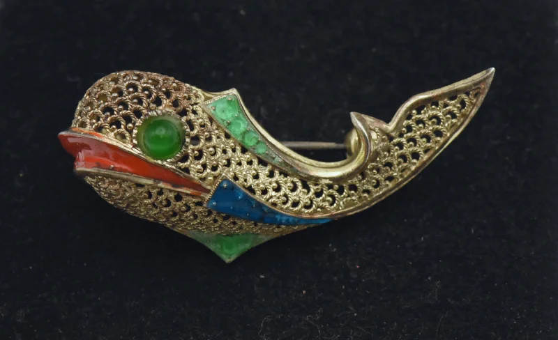 ladies gold brooch for everyday wear -Willi Nonnemann - Vintage German Sterling Silver and Enamel Filigree Brooch