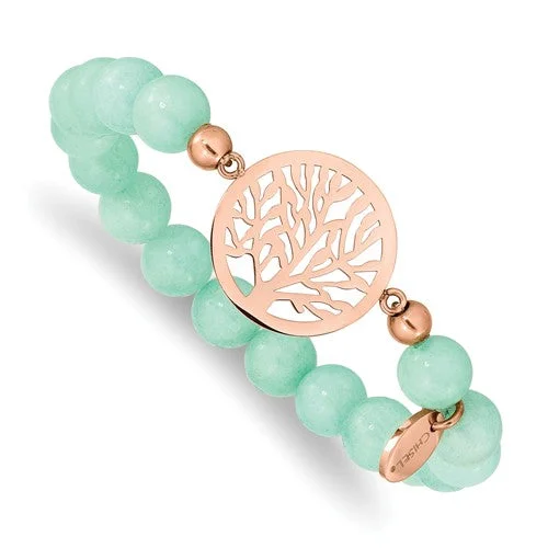 Ladies perfect round bracelets -Stainless Steel Rose Gold Tree of Life Mint Green Jade Stretch Bracelet