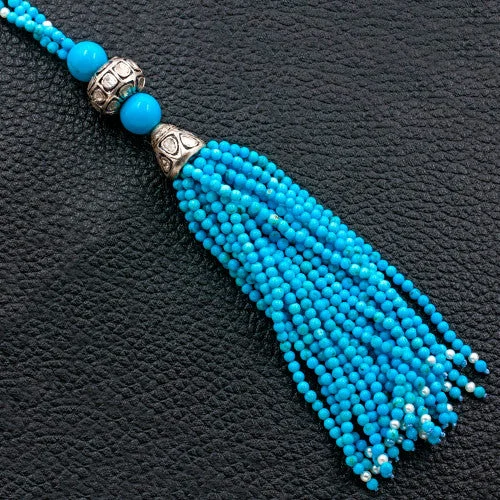 Ladies fitted collar necklaces -Turquoise & Diamond Double Tassel Necklace