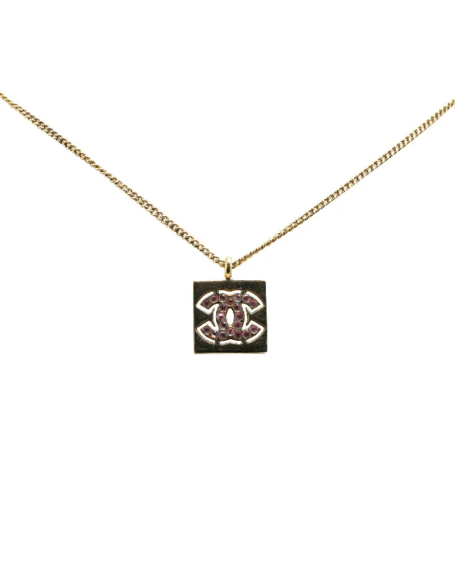 Ladies solid steel necklaces -Gold Plated Rhinestone Pendant Necklace with Chain