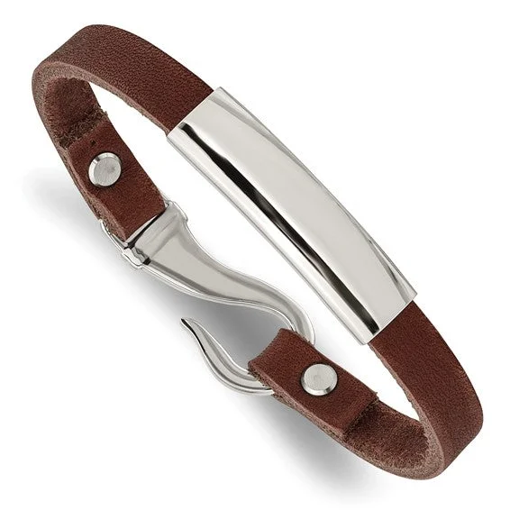 Ladies ridge glow bracelets -Stainless Steel Brown Leather Fish Hook Closure 8.5 inch ID Bracelet