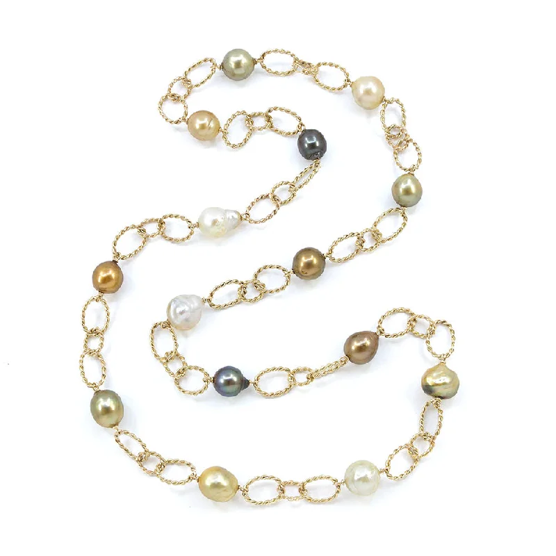 Ladies sapphire blue necklaces -Coiled Oval Loop Link Necklace with Multi-colored Baroque Pearls