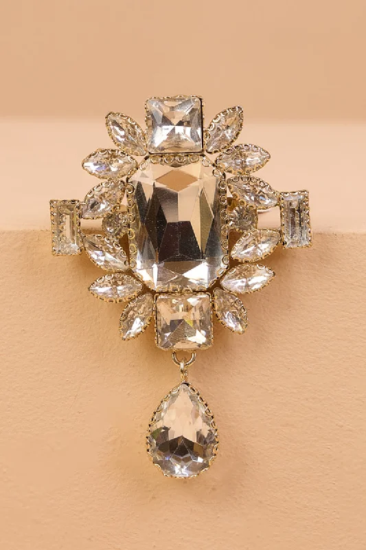 gold starburst brooch for women -Transparent Crystal Brooch with Drop Detailing