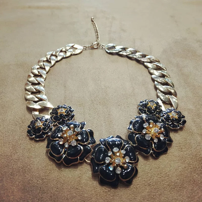 Ladies passion gleam necklaces -Black Enamel Floral Statement Necklace