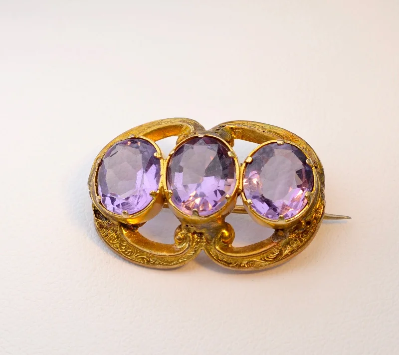 ladies silver brooch iolite stones -9K yellow gold English Antique brooch with oval Amethysts