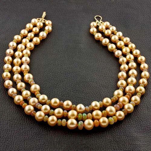 Ladies silky pearl necklaces -Golden South Sea Pearl & Opal Necklace