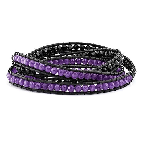 Ladies sunny charm bracelets -Black Crystal And Purple Quartz Leather Multi-Wrap Bead Bracelet