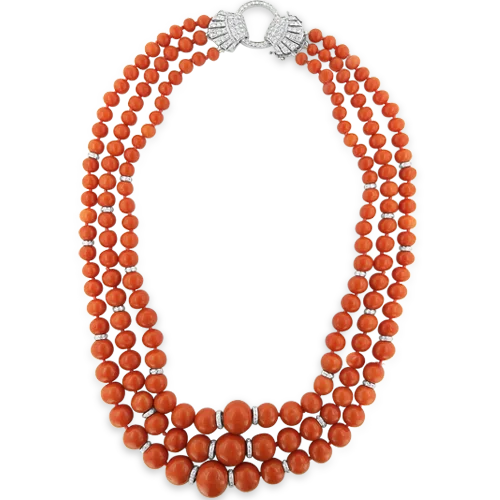 Ladies regal baroque necklaces -Coral & Diamond Three Strand Necklace