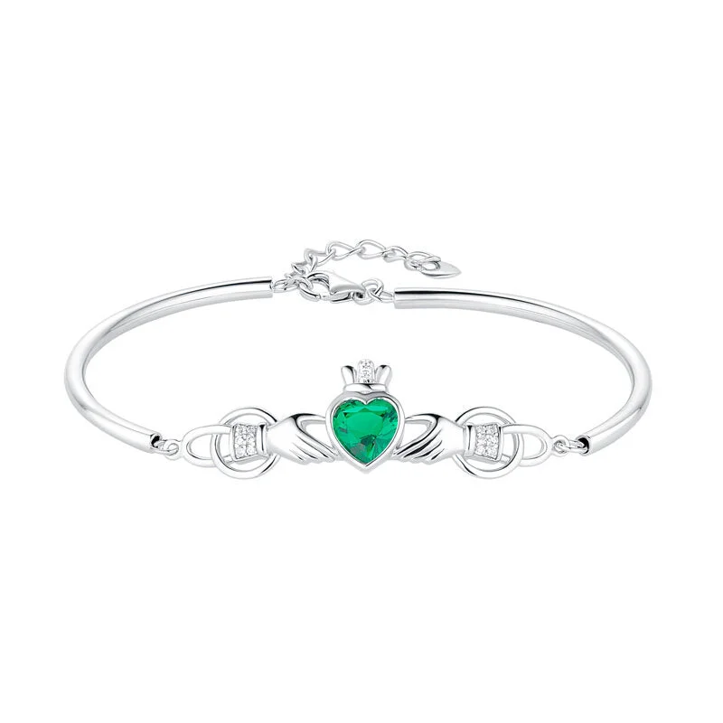 Ladies love heart bracelets -Sterling Silver Green Cz Claddagh Bangle