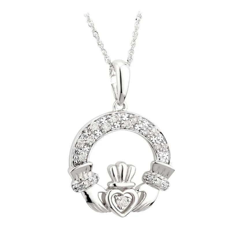 Ladies nostalgic etched necklaces -14K White Gold Diamond Claddagh Necklace