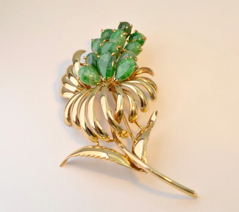 ladies gold brooch for everyday wear -14K yellow gold brooch with 12 pear-shaped Jadeites