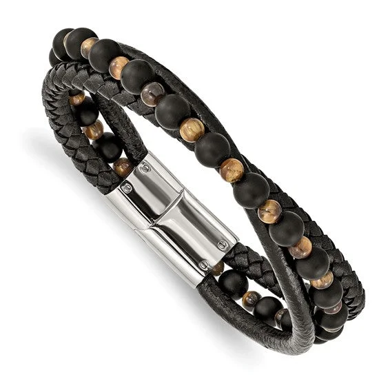 Ladies cosmic spark bracelets -Stainless Steel Polished Multi Strand Tiger's Eye and Black Agate Beaded Black Leather 8.25" Bracelet