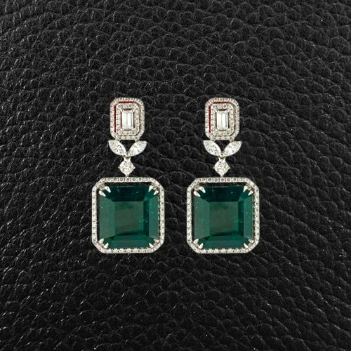 matte silver earrings for women -Emerald & Diamond Dangle Earrings