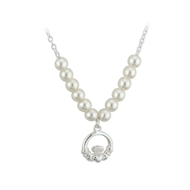 Ladies festive charm necklaces -Communion Pearl Claddagh Necklace