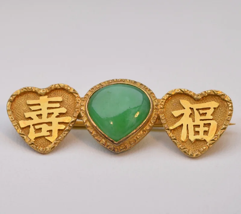 ladies beaded brooch with patterns -Vivid green Jadeite brooch in 18K yellow gold with Chinese characters