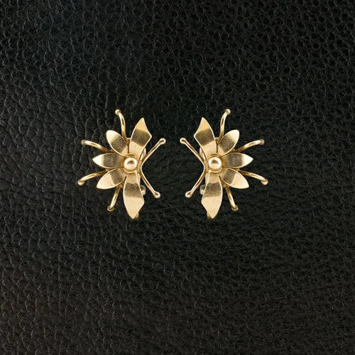 ladies rose gold earrings leaf design -Gold Flower Estate Earrings