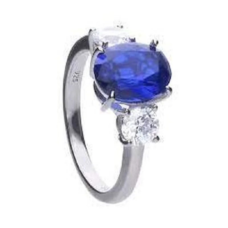 ladies gemstone rings with patterns -Silver Blue & White Cubic Zirconia Set Three Stone Ring, size O