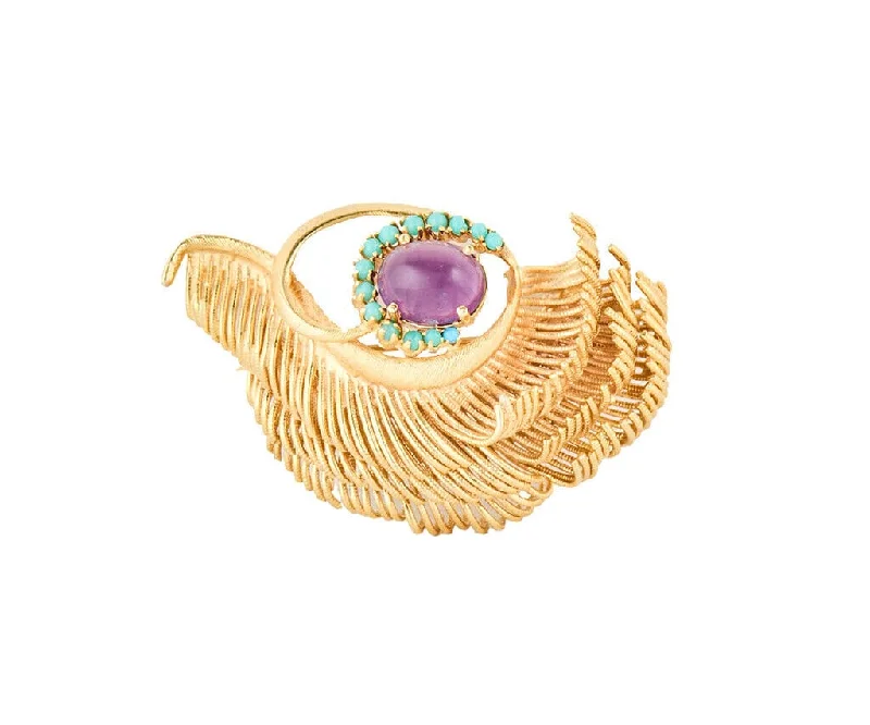 ladies silver brooch ruby stones -Vintage Amethyst Cabochon and Turquoise Feather Brooch in 14K