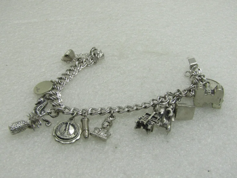 Ladies regal baroque bracelets -Vintage Sterling Silver Charm Bracelet, 7", Elco, 7mm Double Link, 12 Charms