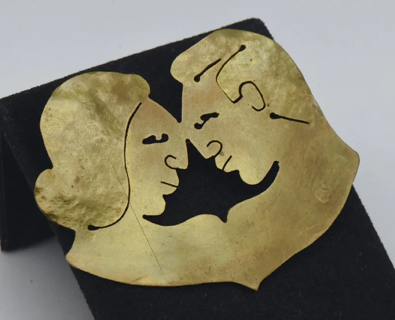 grid pattern brooch for women -Joseph Gourdji - Vintage Handmade Brass Loving Couple Profile Brooch