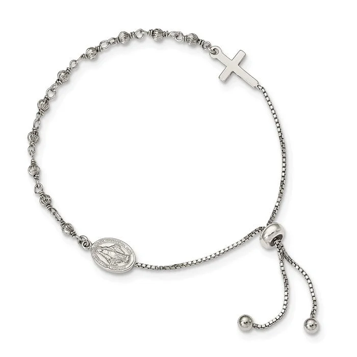 Ladies breath harmony bracelets -Sterling Silver Miraculous Medal and Cross Adjustable Bolo Bracelet