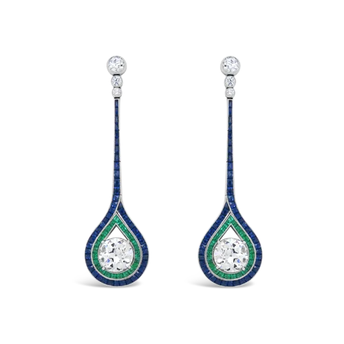 long dangling earrings for women -Diamond, Emerald & Sapphire Dangle Earrings