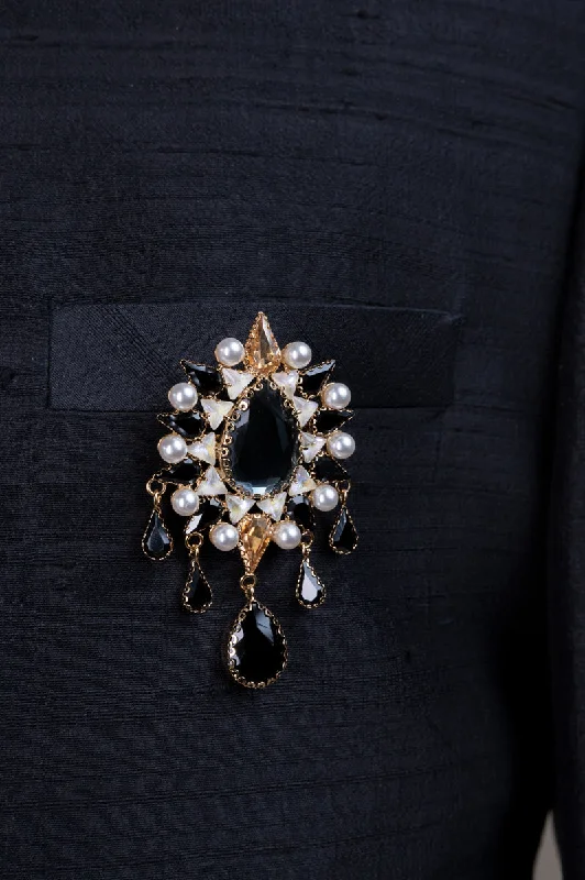 silver brooch for women floral motifs -Black Crystal Studded Brooch