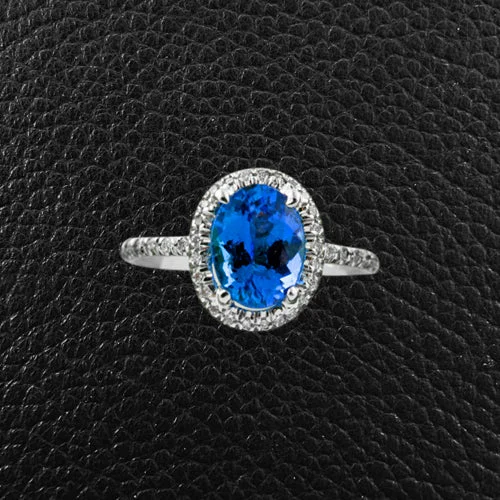 dainty silver rings for women -Oval Tanzanite & Diamond Halo Ring