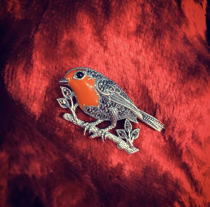 animal motif brooch for women -Red Enamel Robin Brooch Silver Marcasite