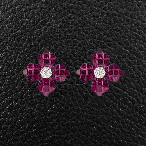 ladies party earrings gold finish -Ruby & Diamond Flower Earrings