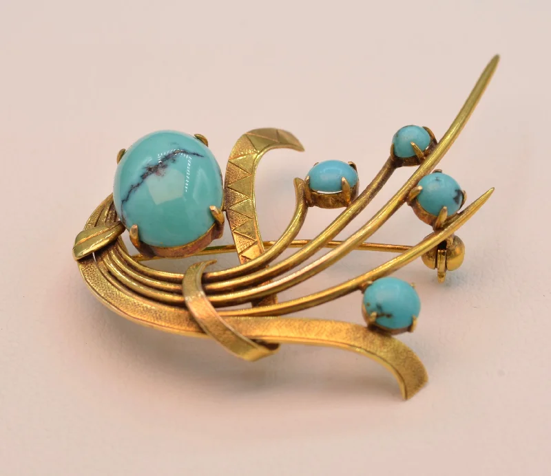 ladies teardrop brooch elegant -14K yellow gold brooch with Turquoises