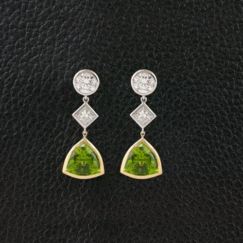 ladies earrings diamond cut edges -Diamond & Peridot Dangle Earrings