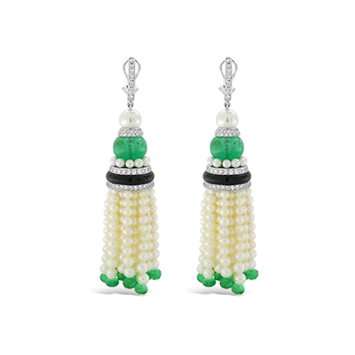 ladies white gold earrings lines -Pearl, Emerald, Onyx & Diamond Tassel Earrings