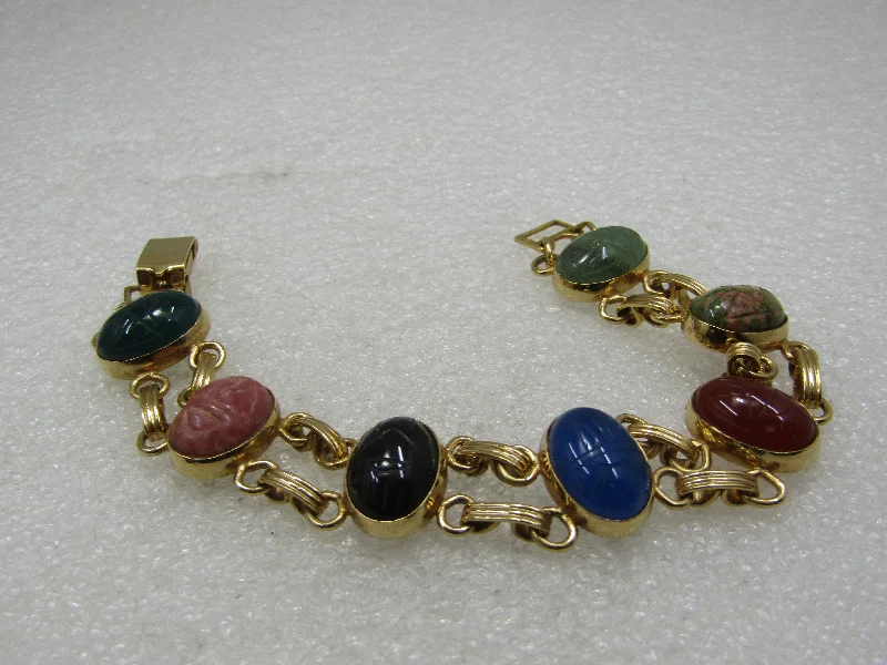 Ladies premium luster bracelets -Vintage Egyptian Scarab Double Row Bracelet, 7", 10kt G.F.