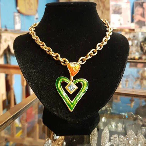 Ladies classic retro necklaces -Vintage Christian Lacroix Necklace Heart Pendent Gold Chain