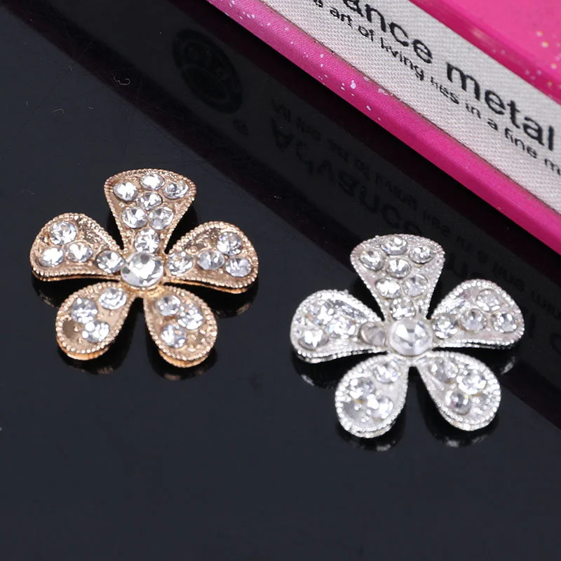 ladies yellow gold brooch beads -Silver or Gold Brooch Flower Rhinestone Buttons Flatback  BR-800