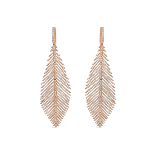 ladies rose gold earrings leaf design -Rose Gold & Diamond Feather Earrings