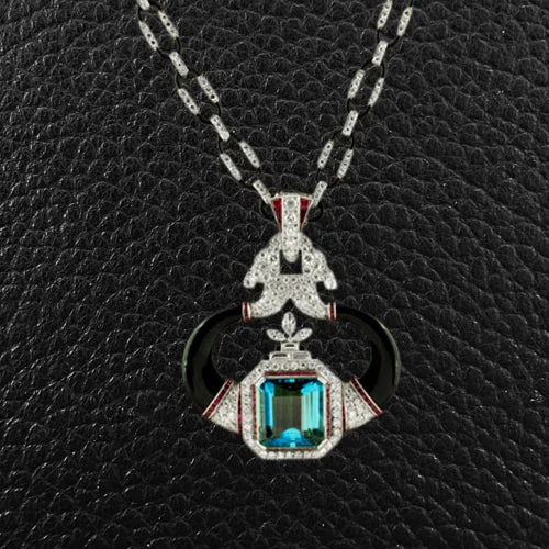 Ladies puppy charm necklaces -Aquamarine, Diamond, Onyx & Ruby Necklace